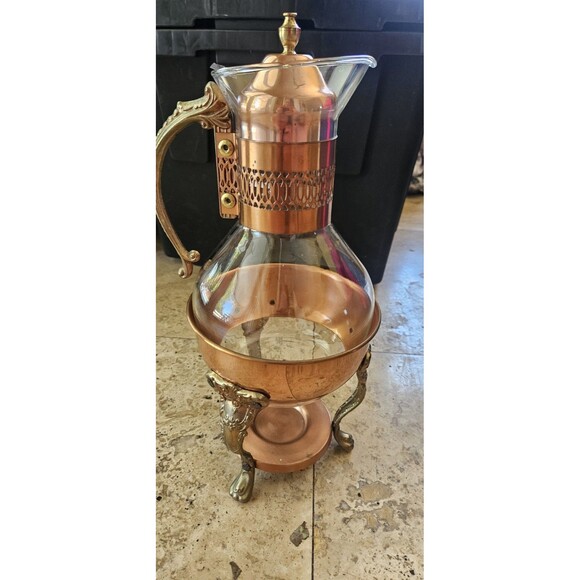 Vintage Copper Brass Coffee Carafe Glass Pot with Warmer & Stand - Picture 3 of 7